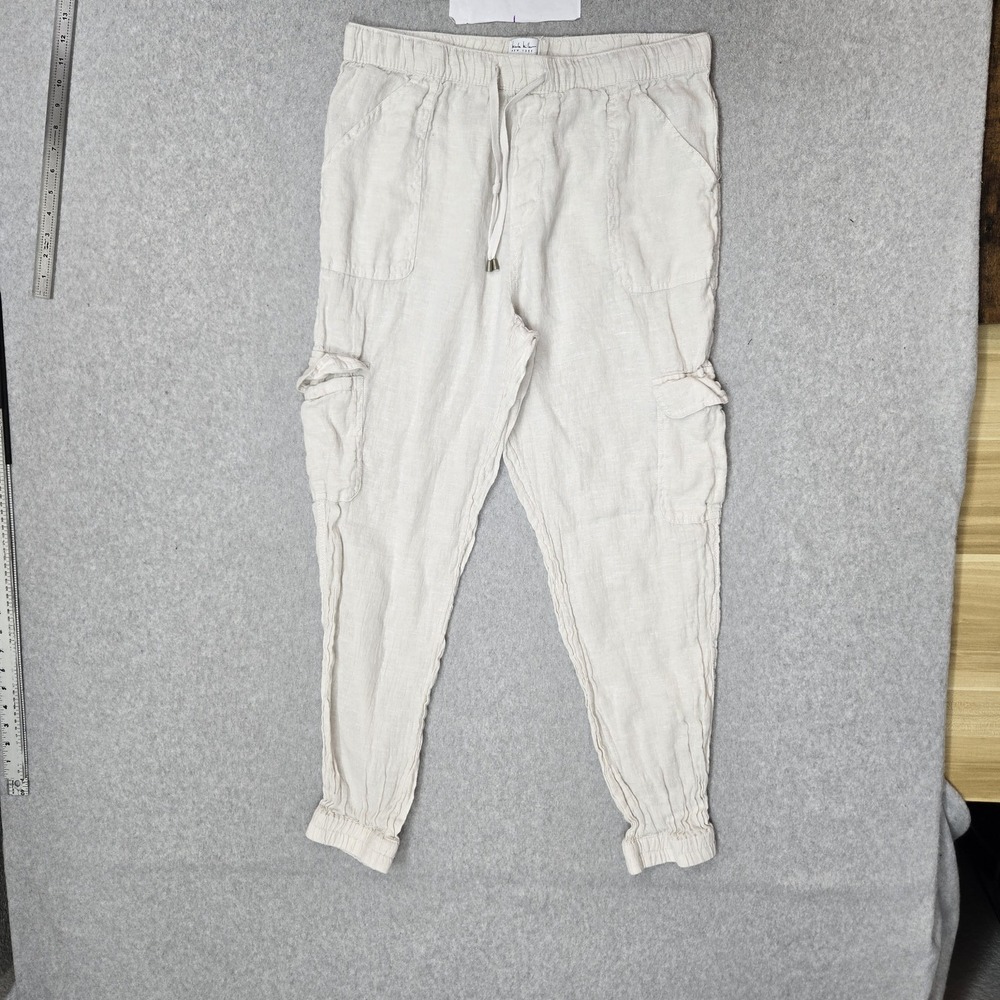 Nicole Miller Women Pants XL Beige Linen Cargo Jogger Coastal Beach 28" Inseam